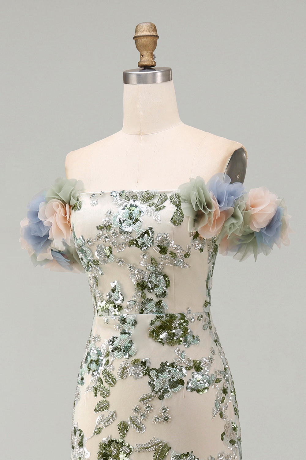 Robe de sirène à sequins et fleurs 3D épaules dénudées couleur sauge poussiéreuse pour mère de la mariée