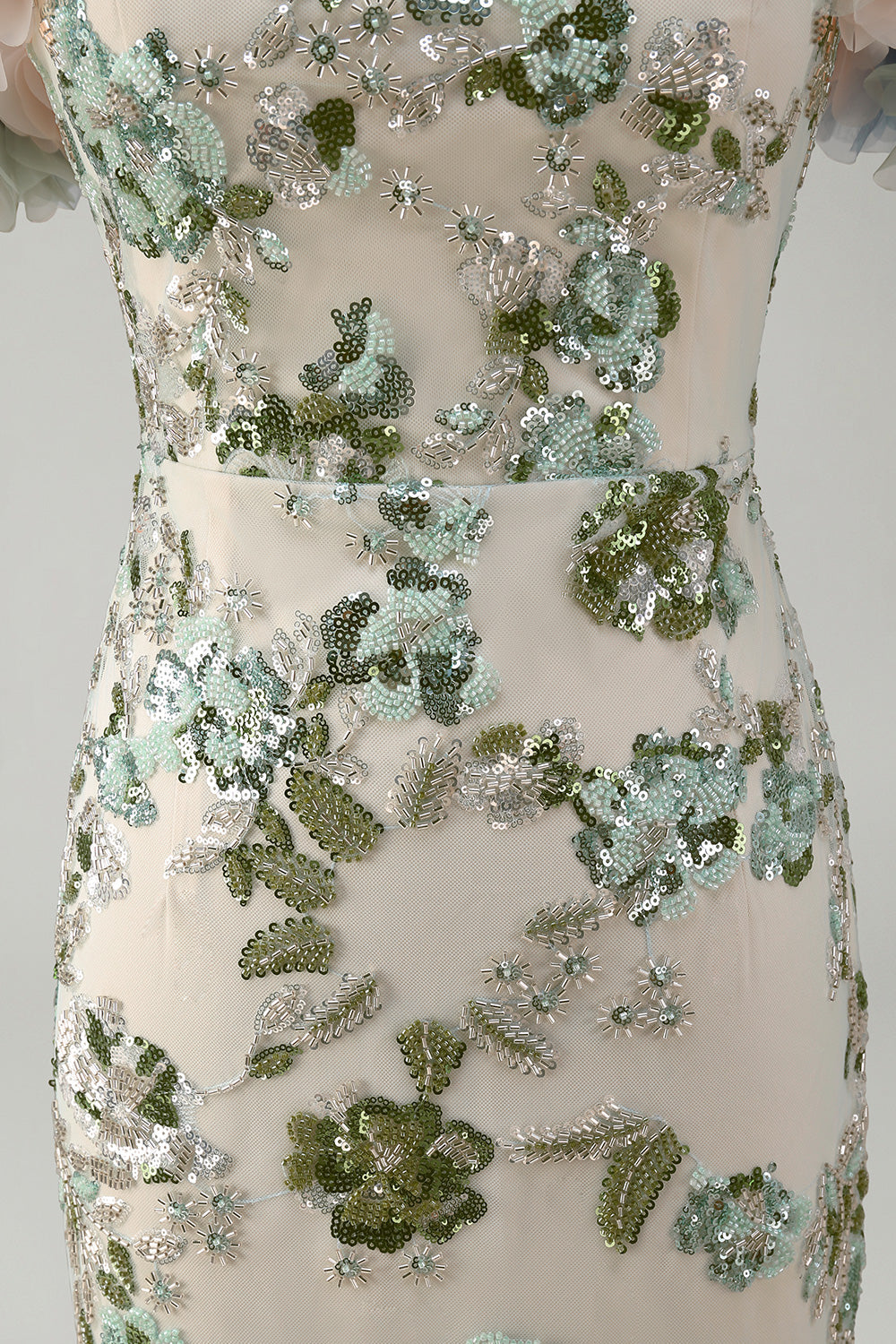 Robe de sirène à sequins et fleurs 3D épaules dénudées couleur sauge poussiéreuse pour mère de la mariée