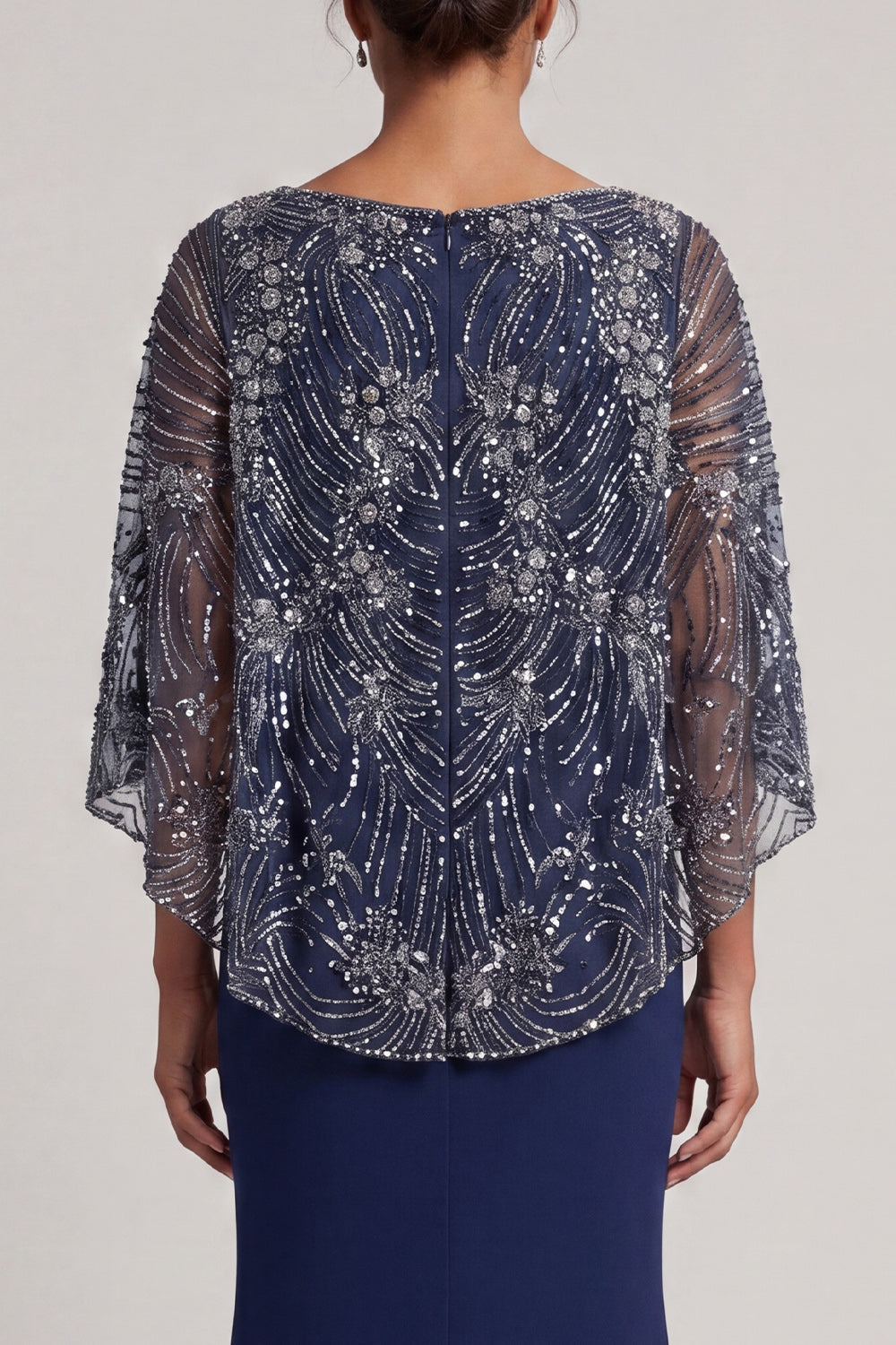 Sparkly Navy Sequins V-Neck Mermaid Mother Of the Bride Dress with Cape