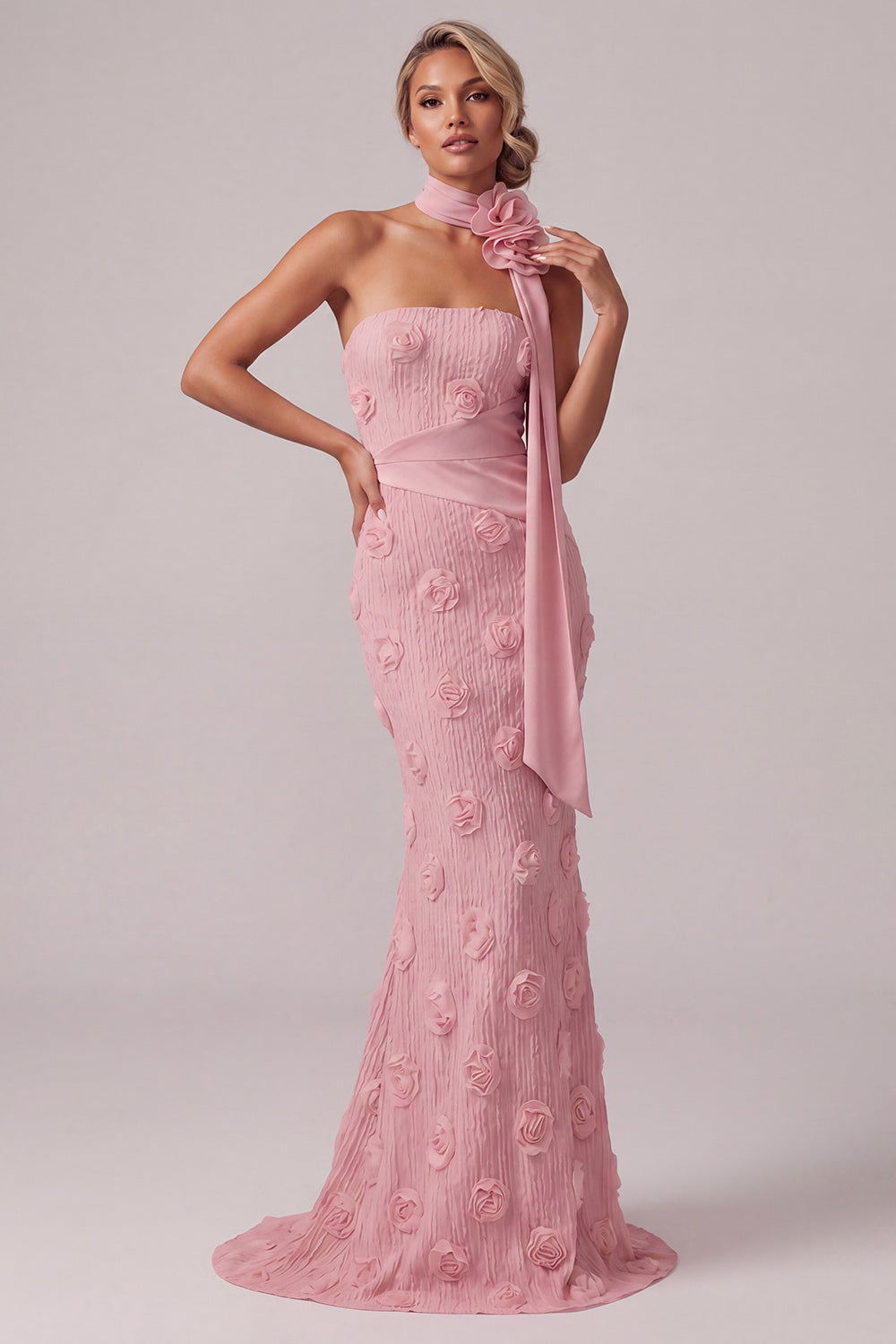 Robe de mère de la mariée longue sirène bustier rose fleurie