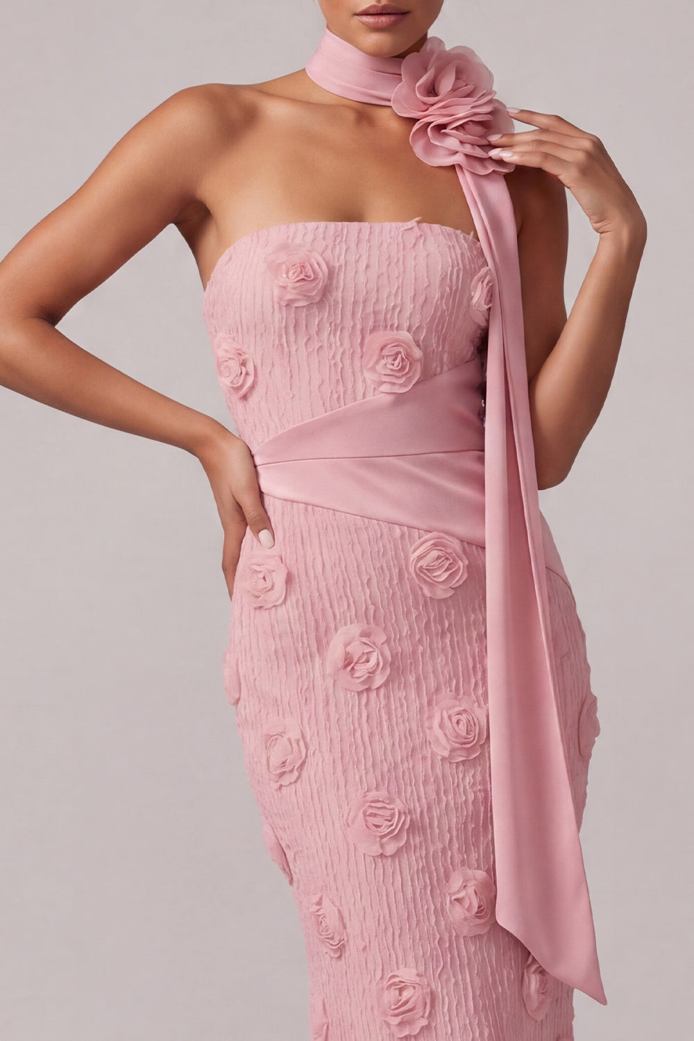 Robe de mère de la mariée longue sirène bustier rose fleurie