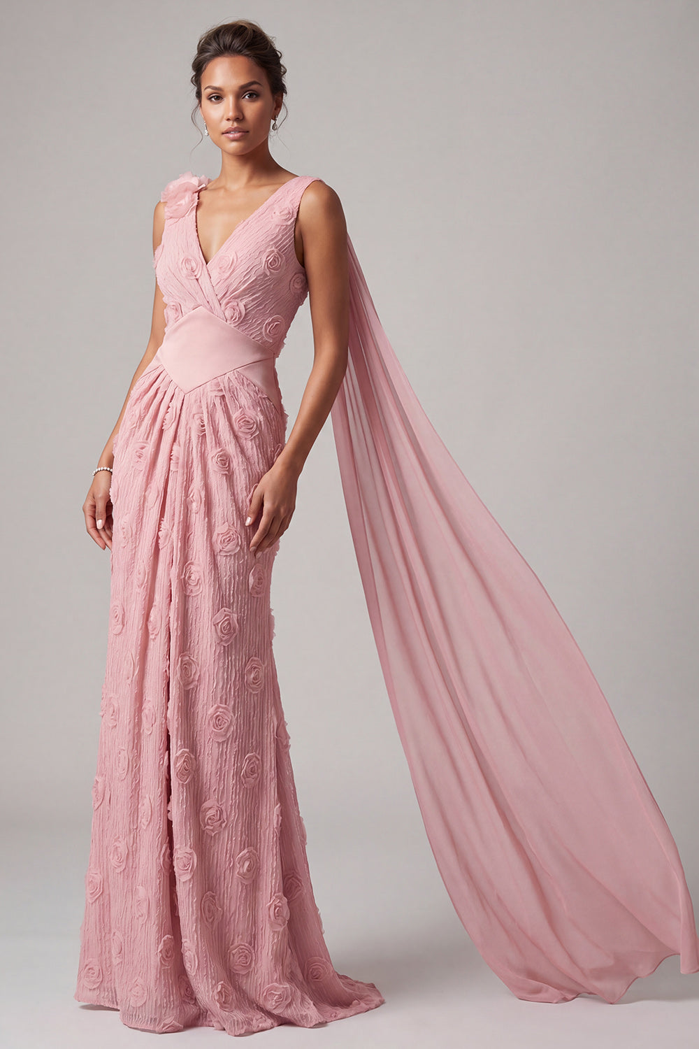 Pink Floral V-Neck Mermaid Long Mother Of the Bride Dress with Streamer