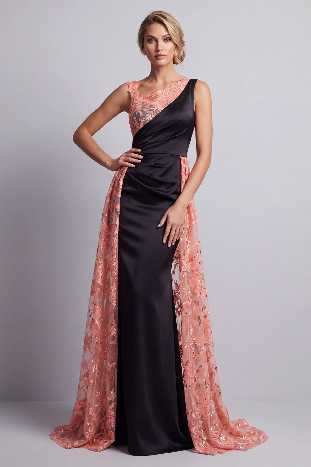 Watermelon and Black Mermaid Ruched Long Mother Of the Bride Dress with Cape