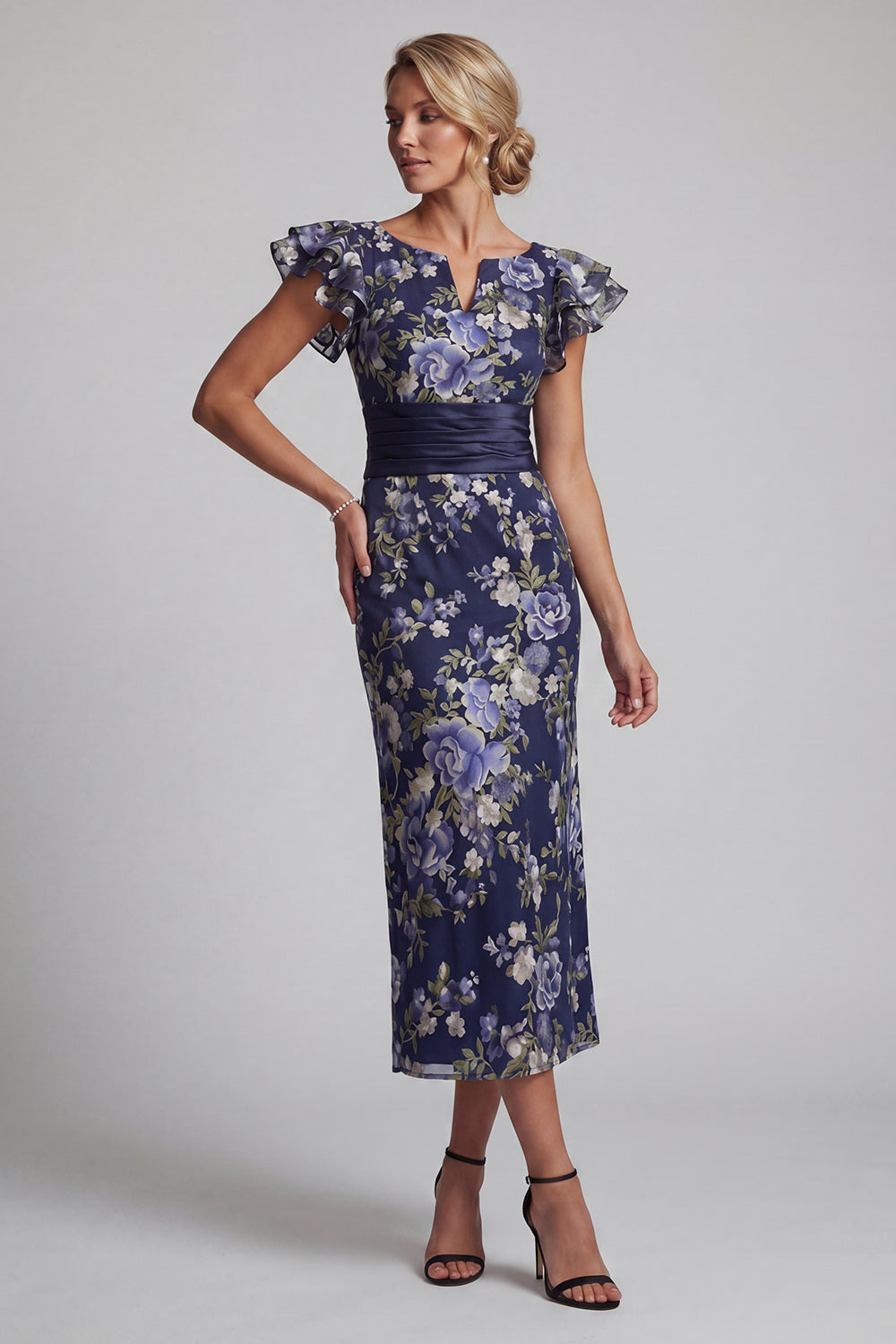 Navy Floral Sheath Ruffle Sleeves Long Mother Of the Bride Dress