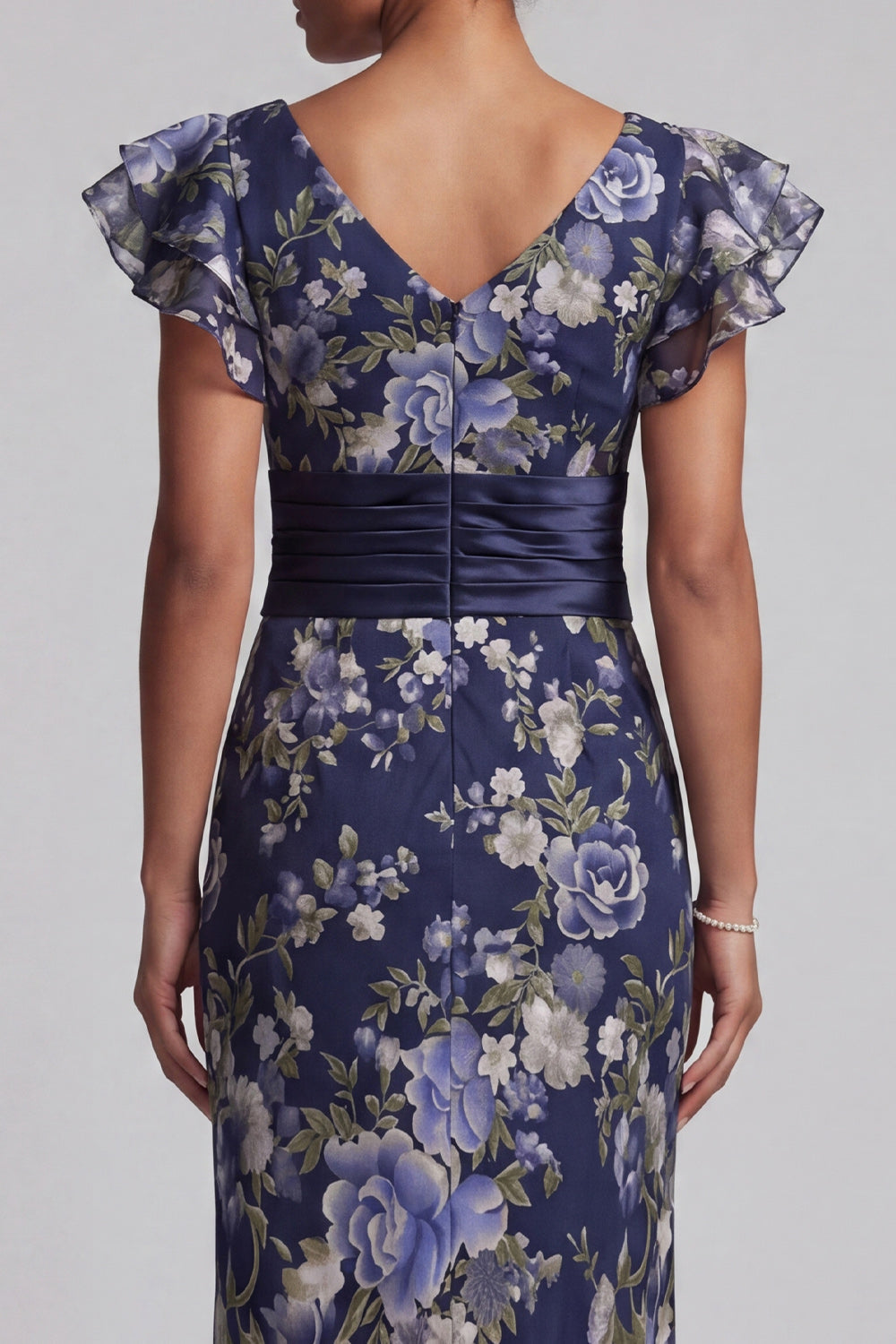Navy Floral Sheath Ruffle Sleeves Long Mother Of the Bride Dress