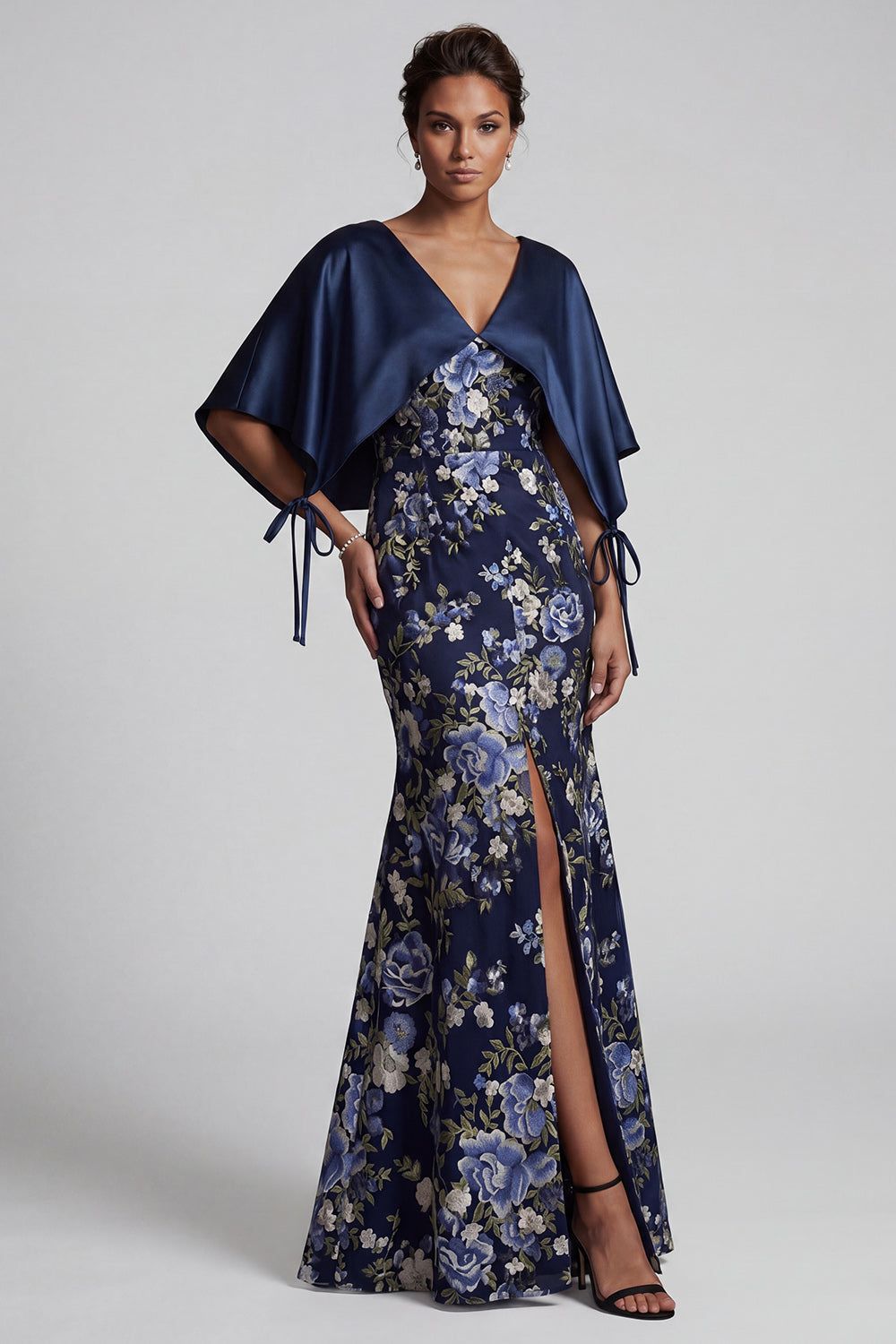 Navy Floral Mermaid Long Mother Of the Bride Dress with Cape