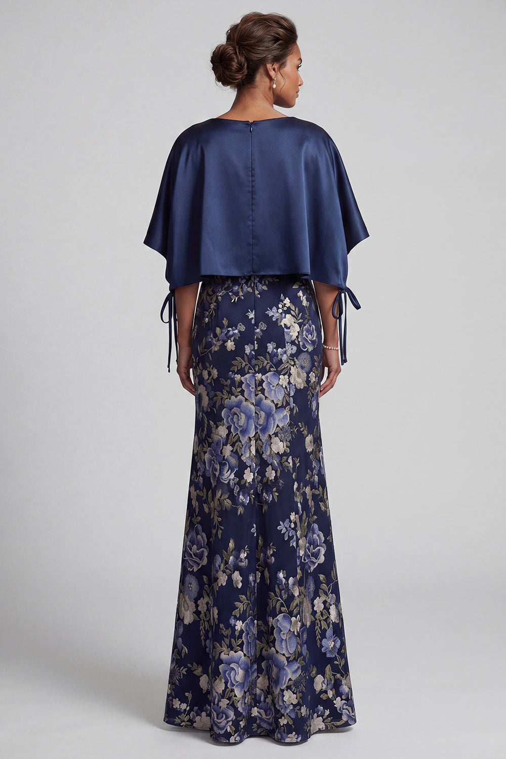 Navy Floral Mermaid Long Mother Of the Bride Dress with Cape