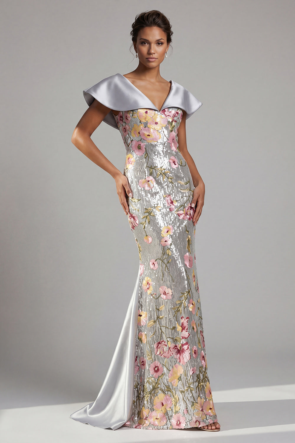 Sparkly Silver Floral Sequin Mermaid Long Mother Of the Bride Dress with Cape