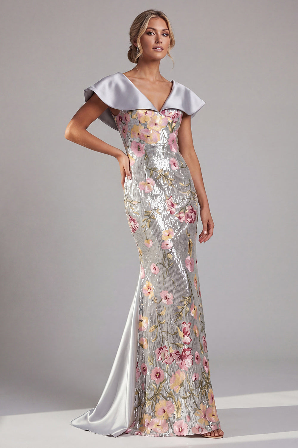 Sparkly Silver Floral Sequin Mermaid Long Mother Of the Bride Dress with Cape