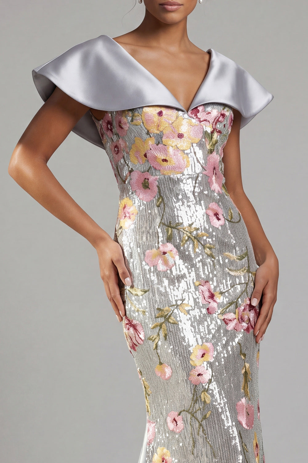 Sparkly Silver Floral Sequin Mermaid Long Mother Of the Bride Dress with Cape