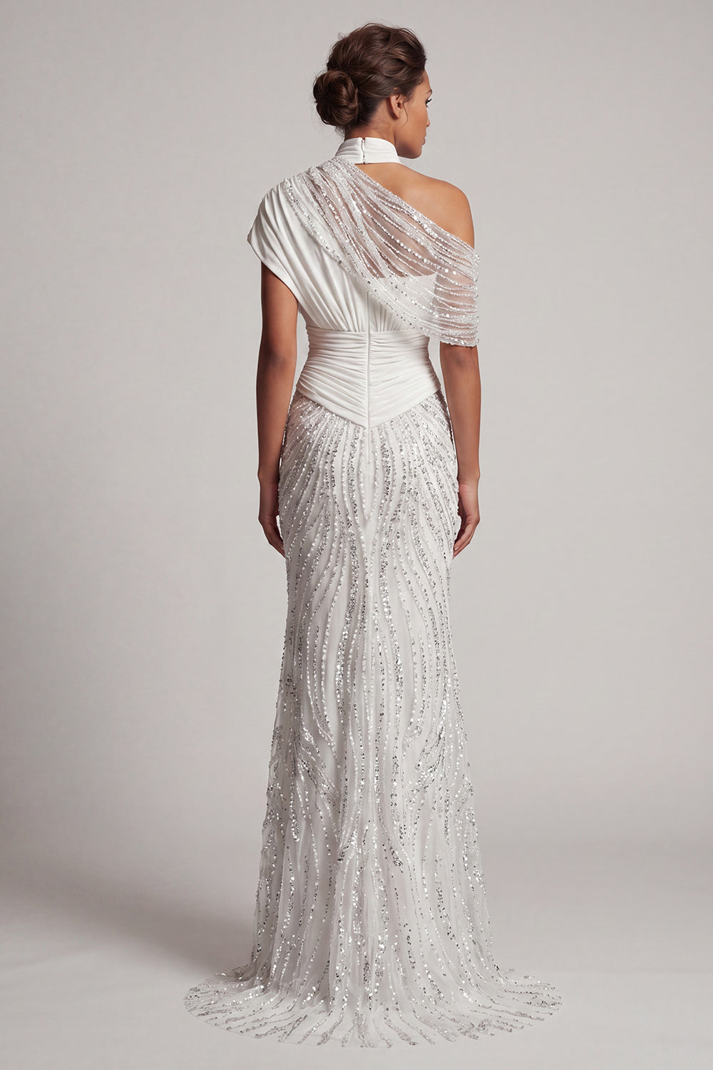 Robe longue de mère de la mariée sirène, blanche ornée de perles scintillantes