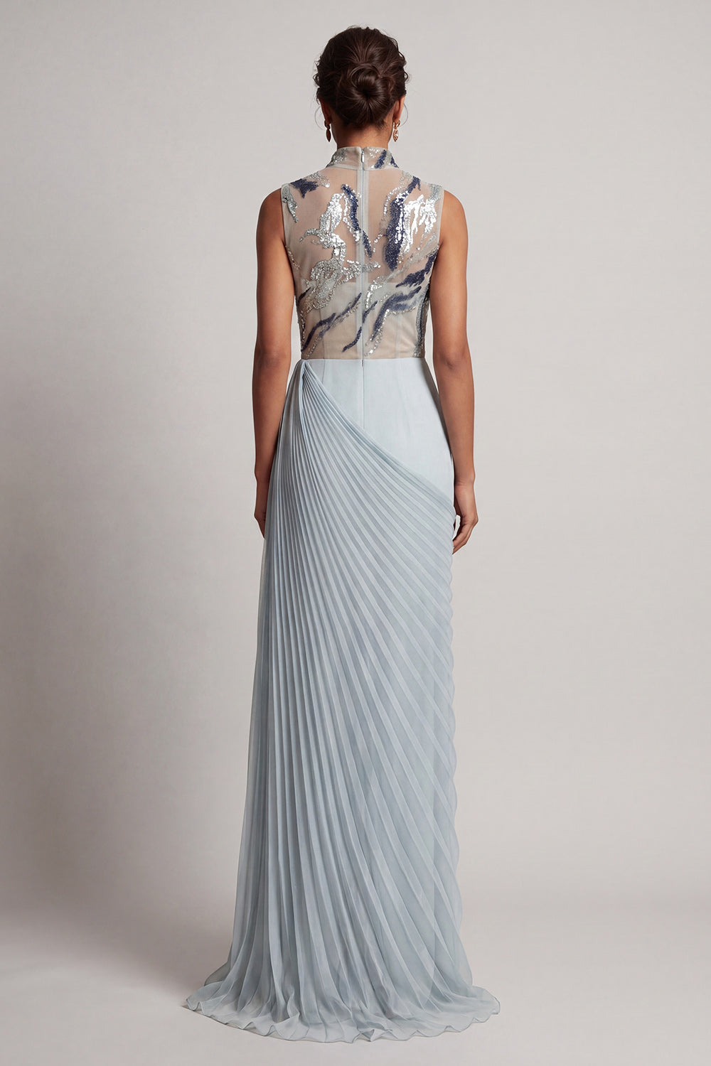 Dusty Blue Chiffon Pleated High Neck Long Mother Of the Bride Dress