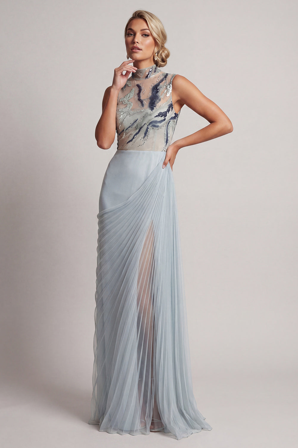 Dusty Blue Chiffon Pleated High Neck Long Mother Of the Bride Dress