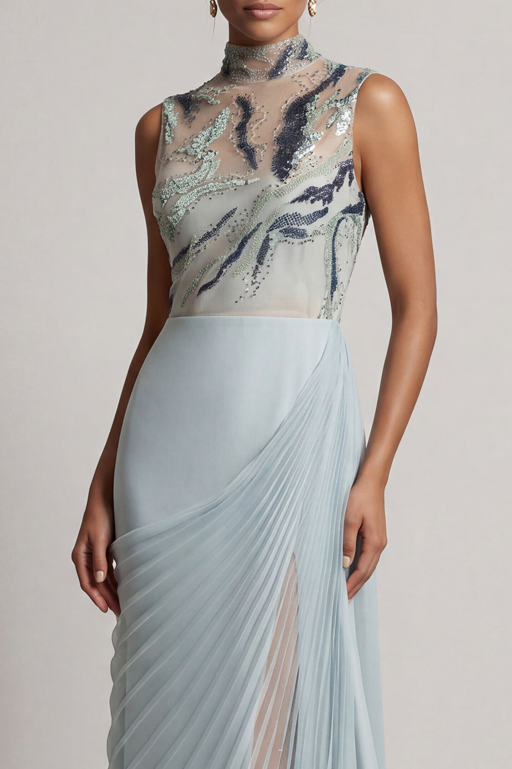 Dusty Blue Chiffon Pleated High Neck Long Mother Of the Bride Dress
