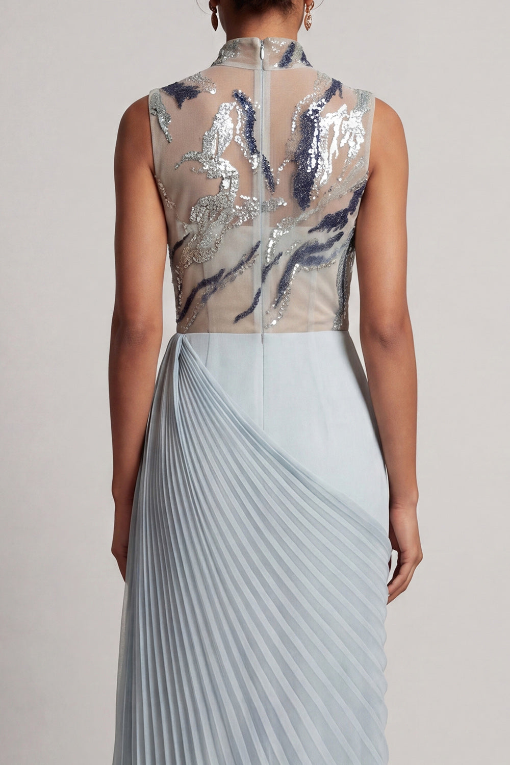 Dusty Blue Chiffon Pleated High Neck Long Mother Of the Bride Dress