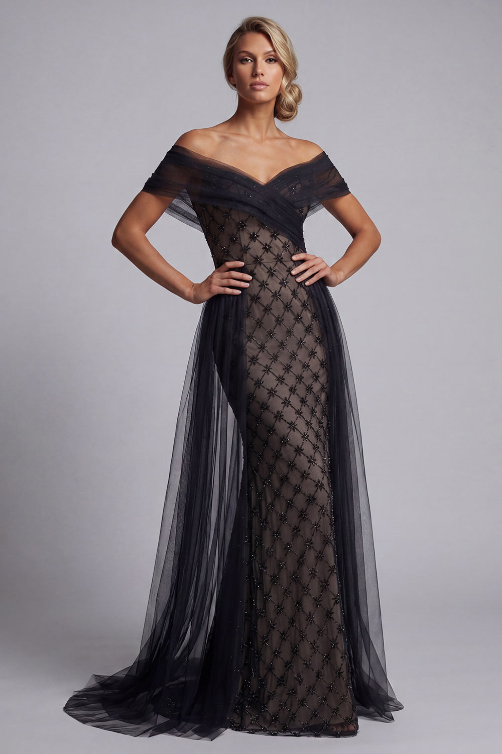 Black Plaid Beaded Mermaid Long Mother of the Bride Dress with Cape