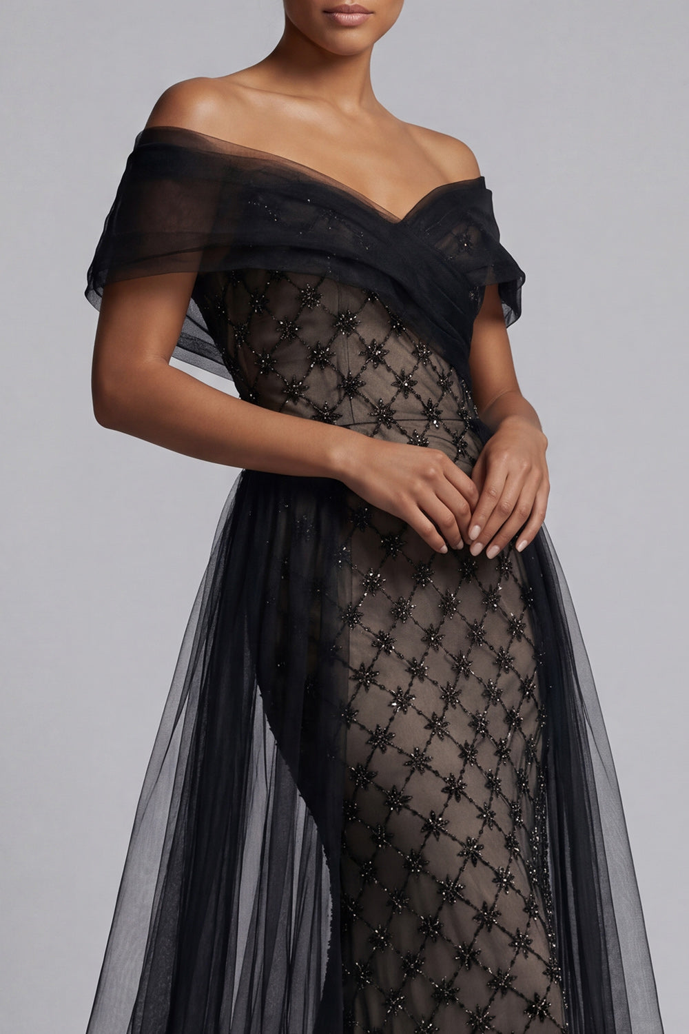 Black Plaid Beaded Mermaid Long Mother of the Bride Dress with Cape