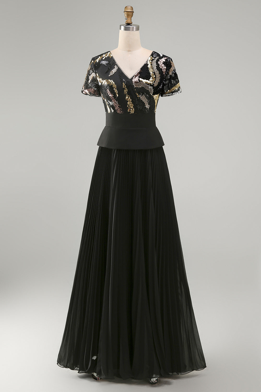 Sparkly Black Chiffon Pleated A Line Long Mother Of the Bride Dress with Sleeves