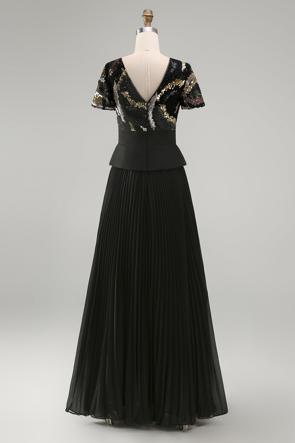 Sparkly Black Chiffon Pleated A Line Long Mother Of the Bride Dress with Sleeves