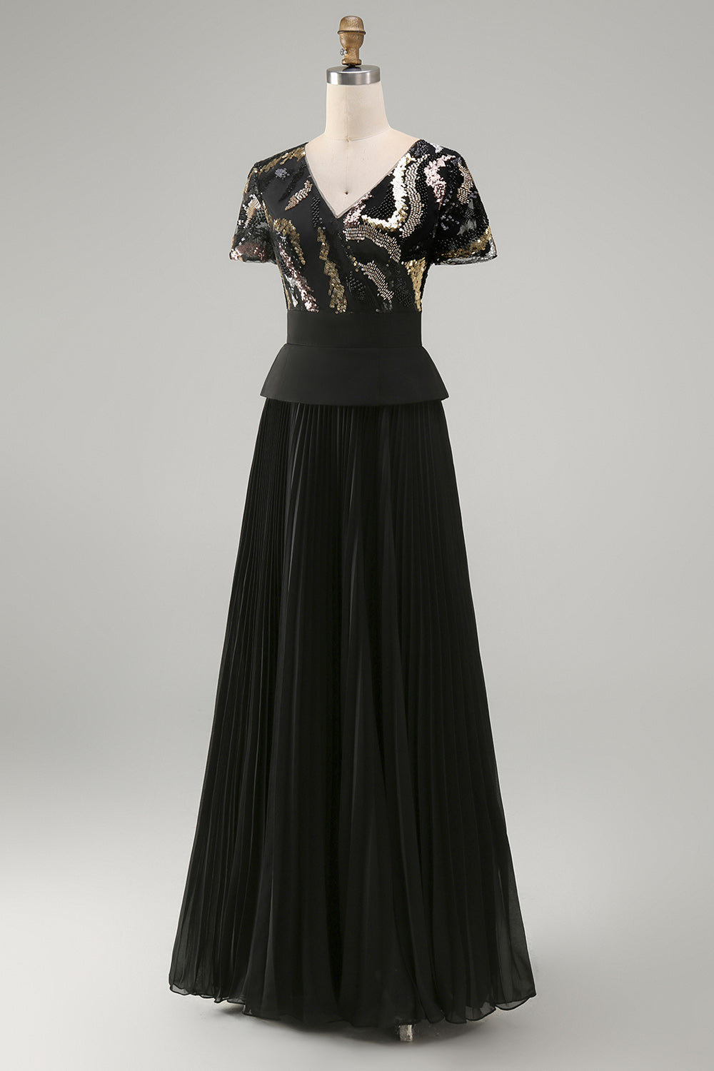 Sparkly Black Chiffon Pleated A Line Long Mother Of the Bride Dress with Sleeves
