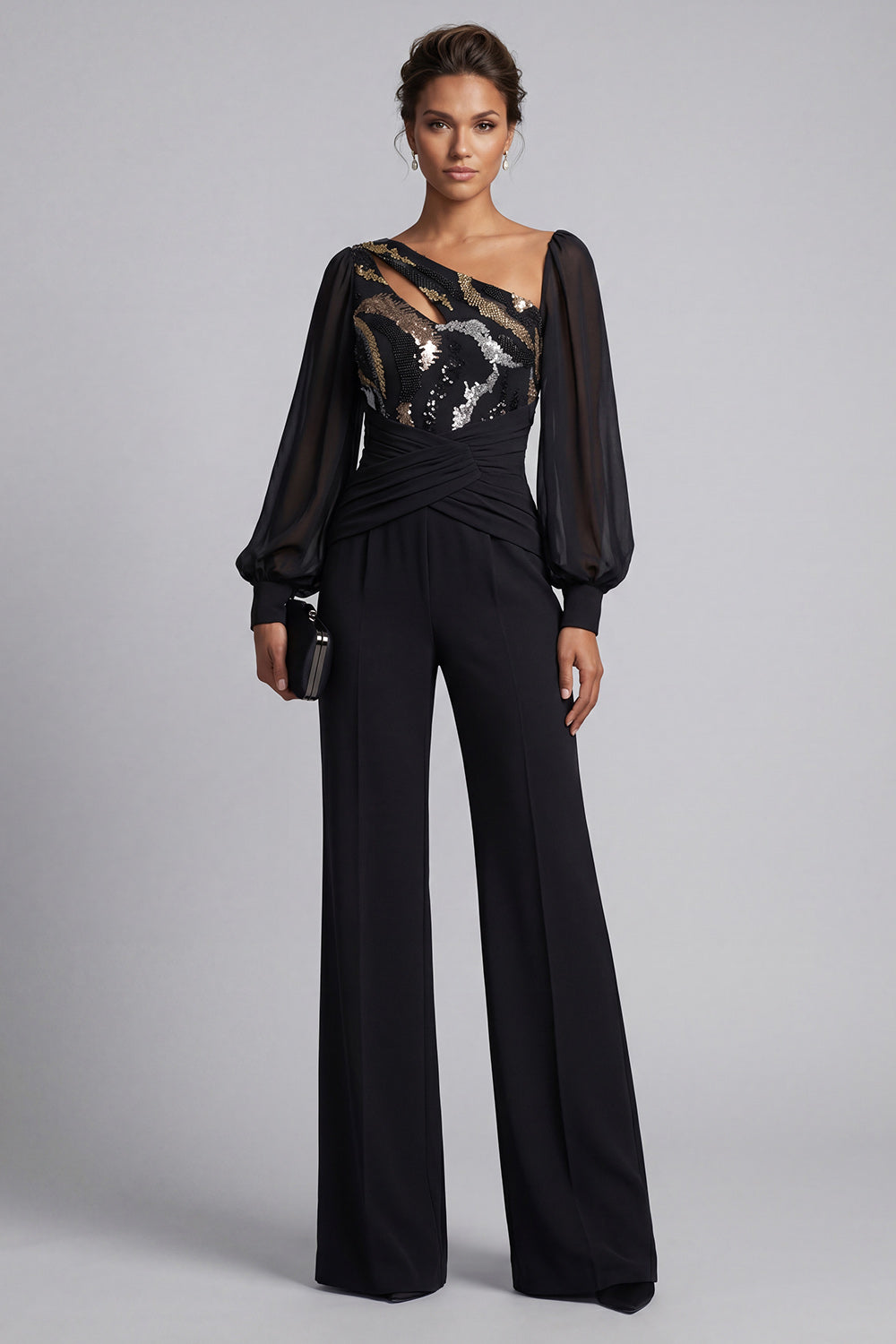Combinaisons de mariée noires pailletées ruchées à manches longues et sequins