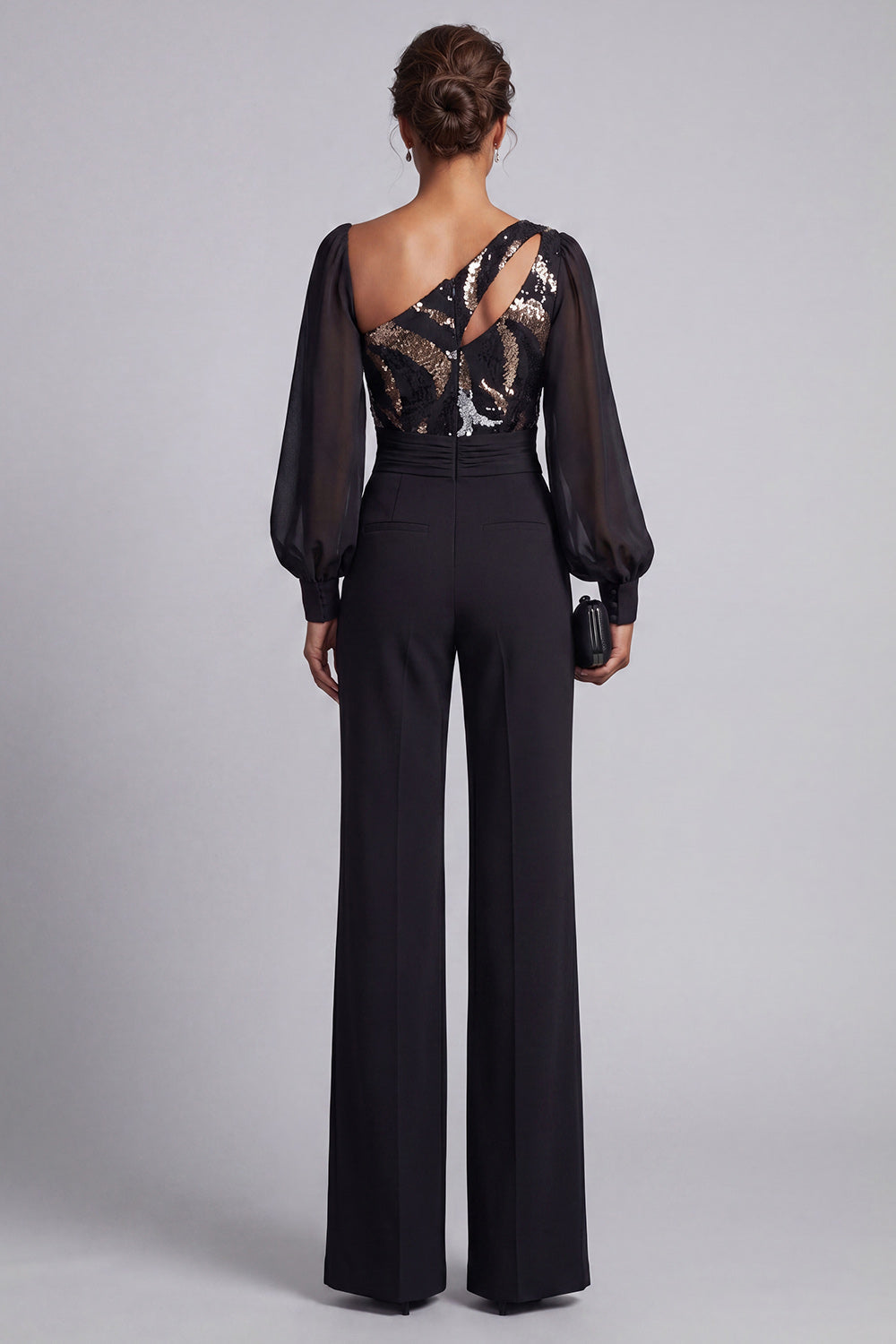 Combinaisons de mariée noires pailletées ruchées à manches longues et sequins