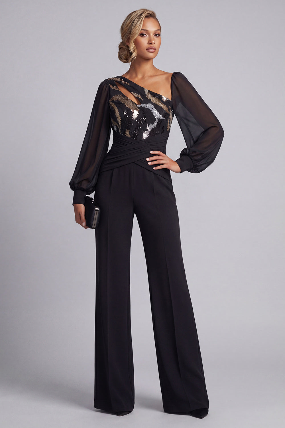 Combinaisons de mariée noires pailletées ruchées à manches longues et sequins