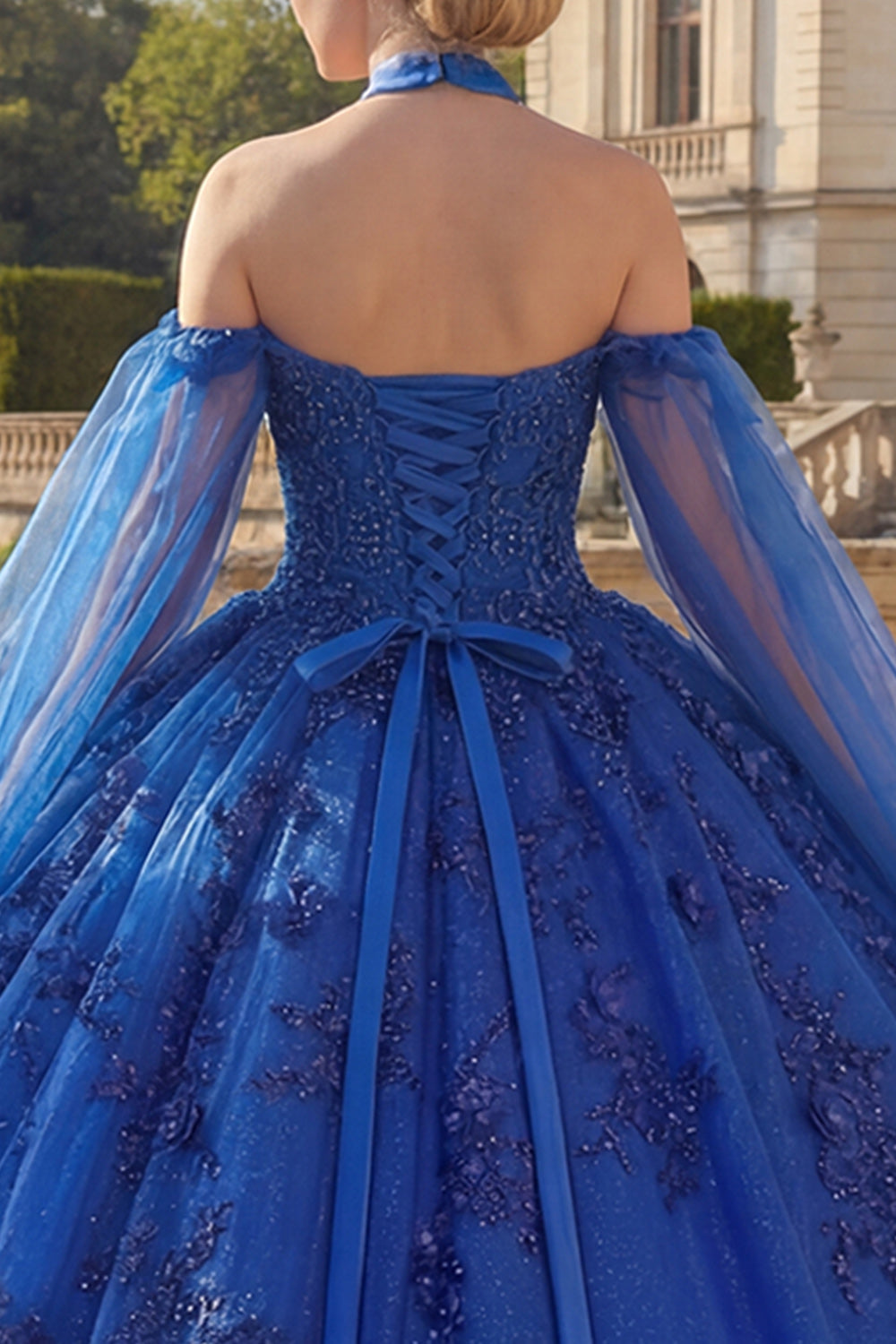 Robe de bal bleu roi avec licou et appliques, robe de quinceañera avec manches cape