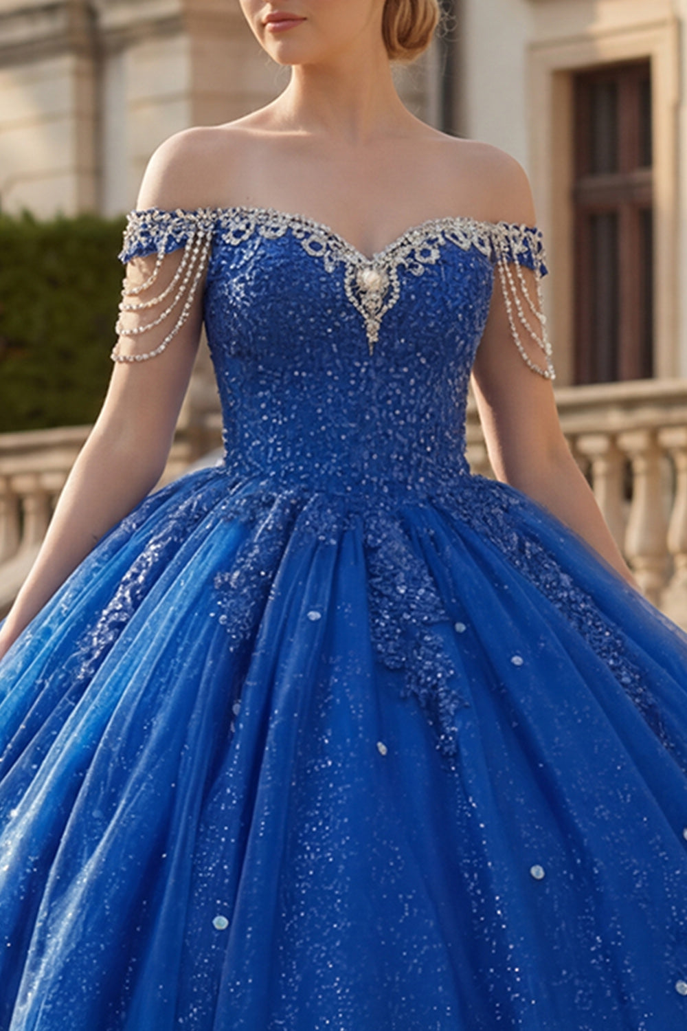 Vestido de fiesta de quinceañera con cuentas y purpurina, azul rey, con hombros descubiertos