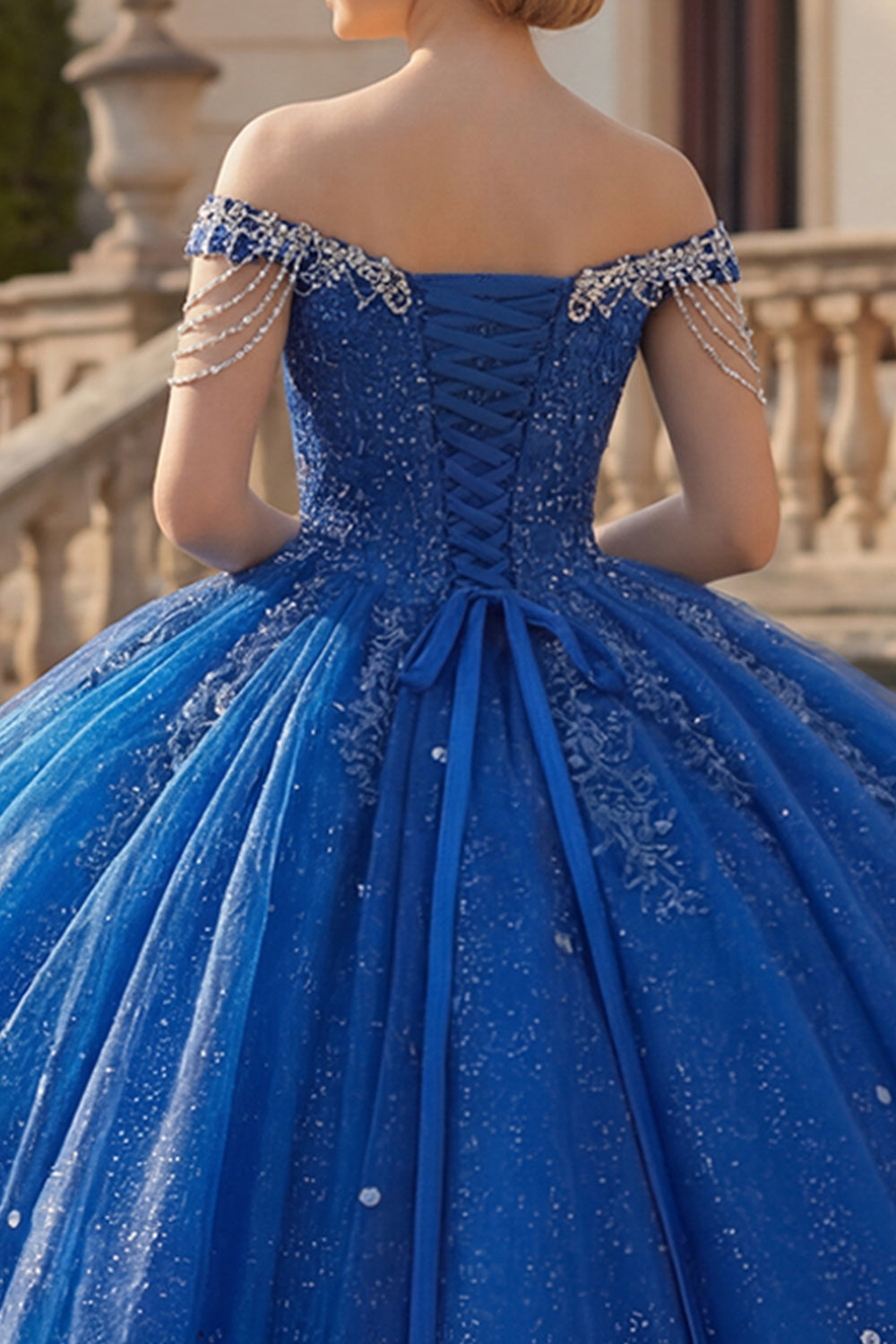 Vestido de fiesta de quinceañera con cuentas y purpurina, azul rey, con hombros descubiertos
