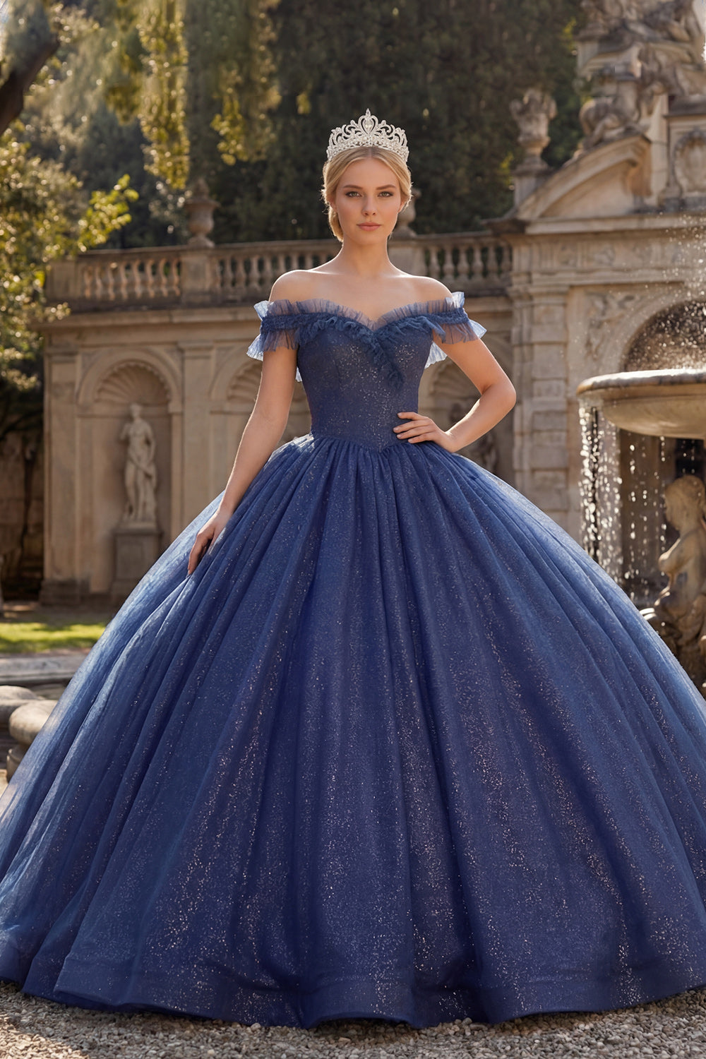 Vestido de Quinceañera Princesa de Gala con Hombros Descubiertos Azul Marino con Glitter