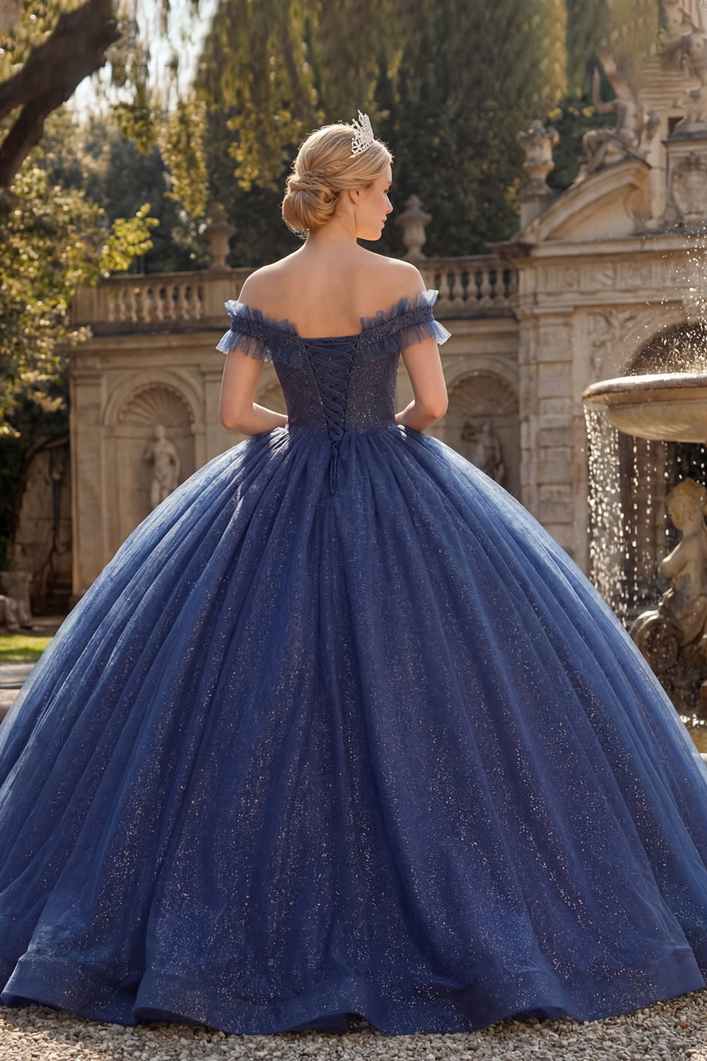 Vestido de Quinceañera Princesa de Gala con Hombros Descubiertos Azul Marino con Glitter