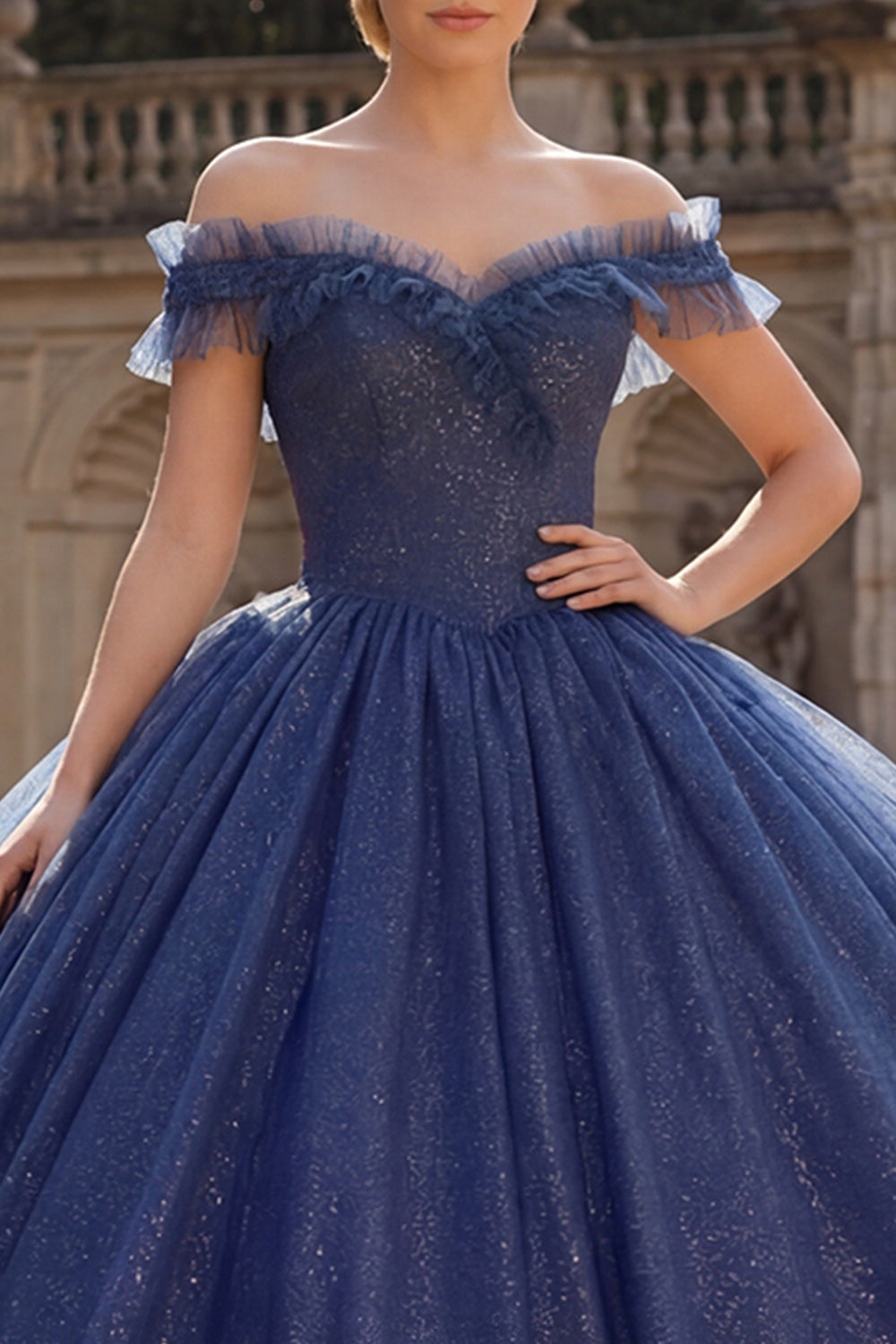 Vestido de Quinceañera Princesa de Gala con Hombros Descubiertos Azul Marino con Glitter
