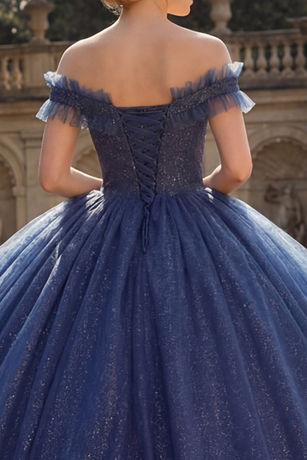 Vestido de Quinceañera Princesa de Gala con Hombros Descubiertos Azul Marino con Glitter