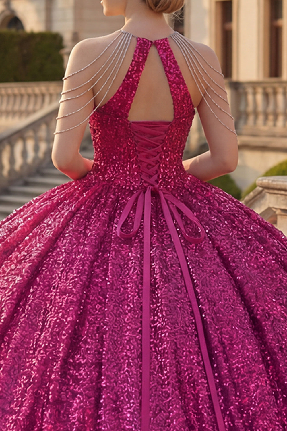 Sparkly Fuchsia Halter Neck Ball Gown Sequins Quinceanera Dress
