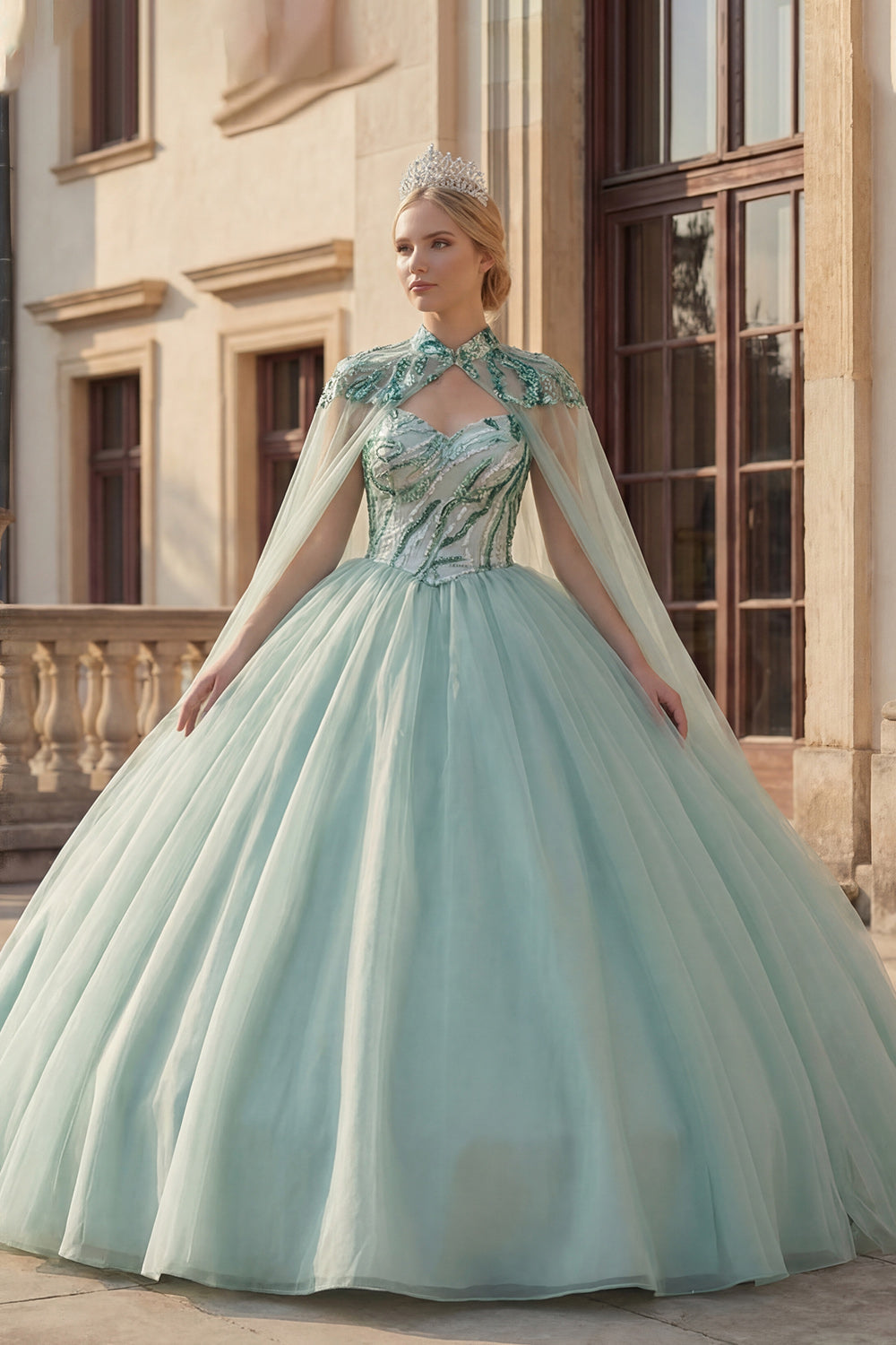 Robe de bal scintillante bustier en cœur à sequins vert menthe pour Quinceañera avec cape