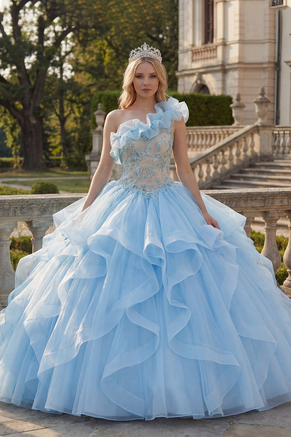 Ball Gown One Shoulder Sky Blue Appliqued Quinceanera Dress with Ruffles
