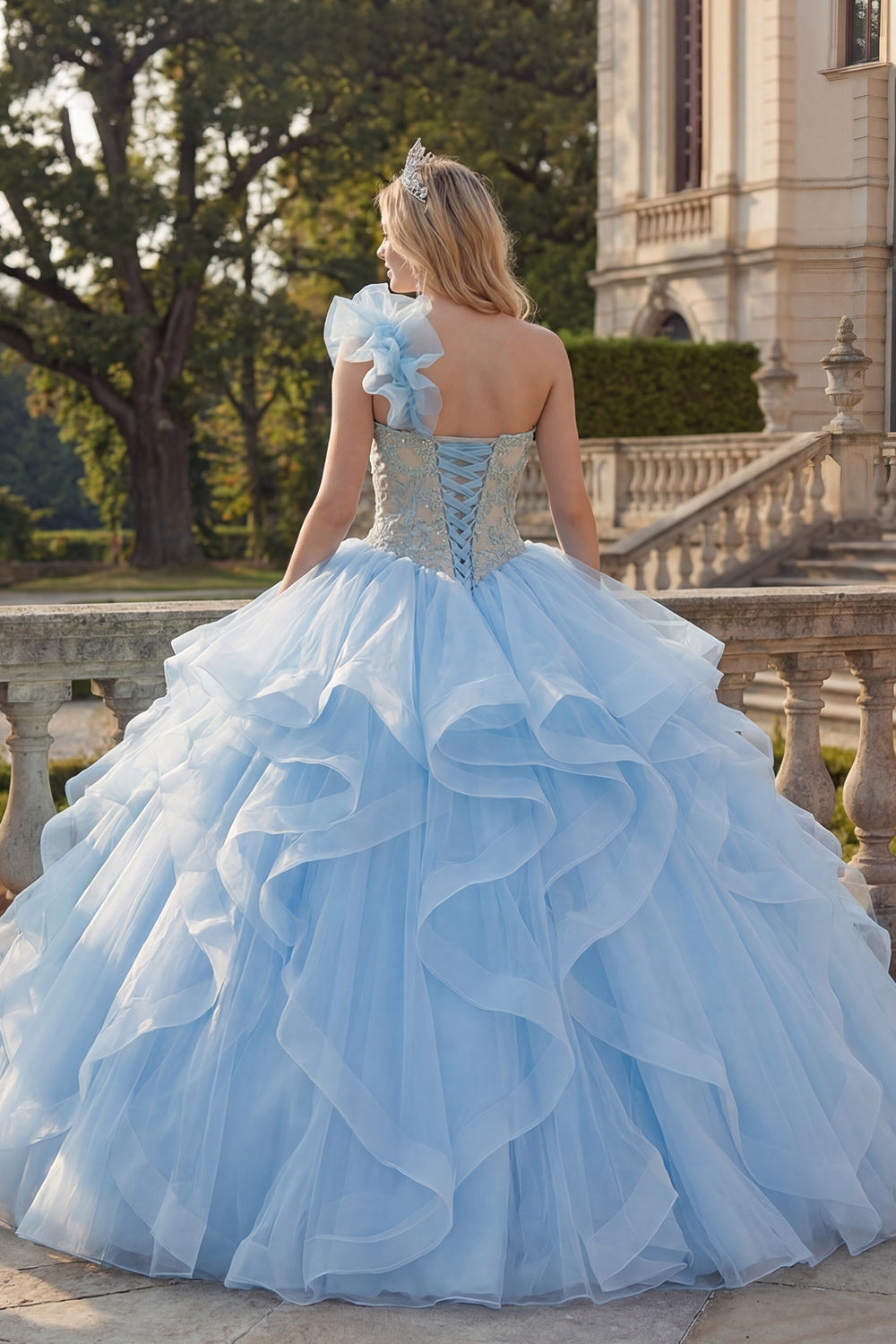 Ball Gown One Shoulder Sky Blue Appliqued Quinceanera Dress with Ruffles