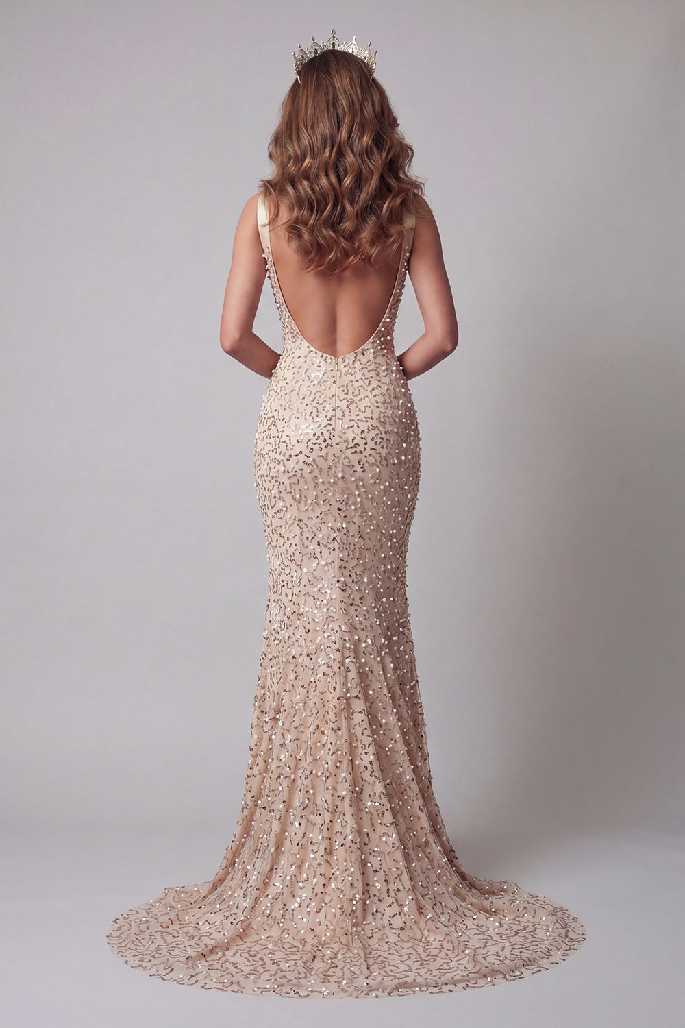 Champagne Sequin Mermaid V Neck Pageant Dress