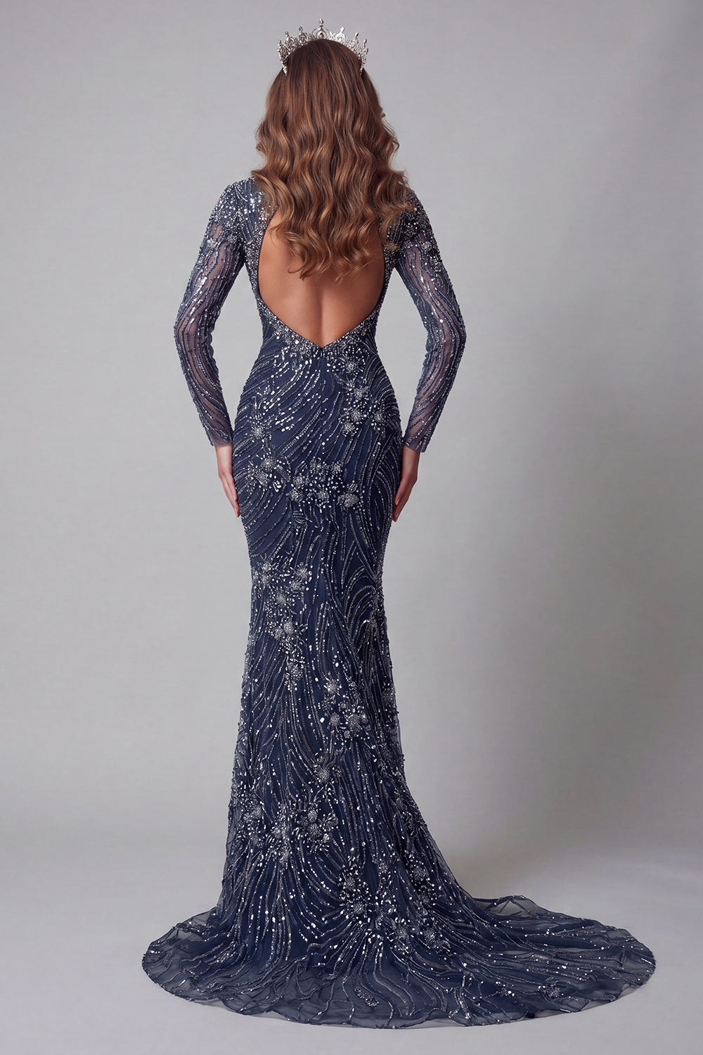Sparkly Navy Open Back High Neck Mermaid Long Beaded Pageant Dress