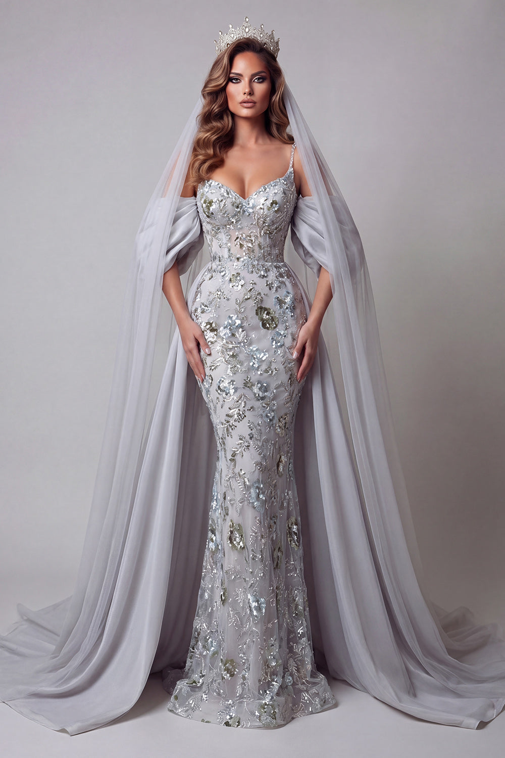 Sparkly Silver Beaded Mermaid Floral Long Spaghetti Straps Pageant Dress with Cape