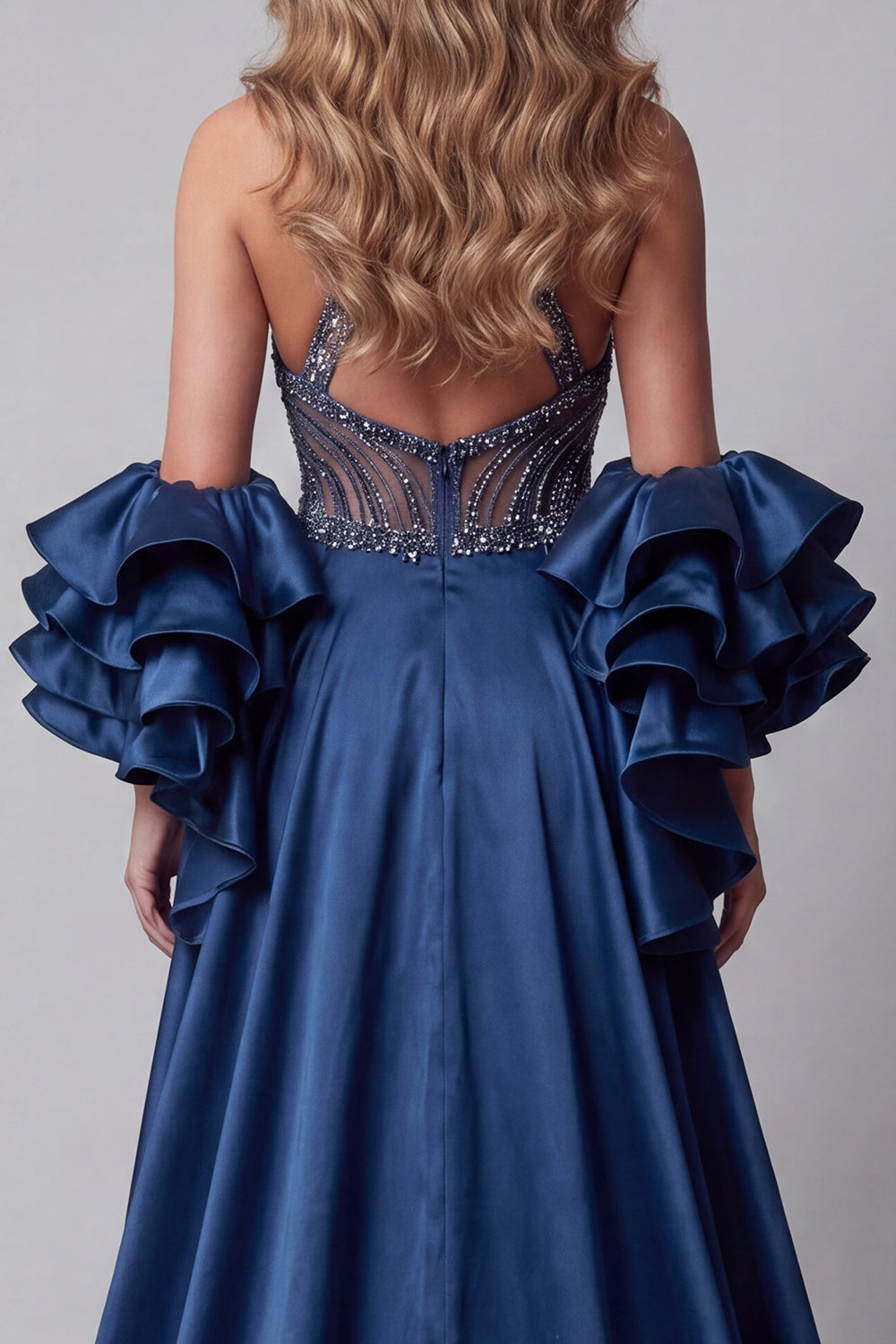Sparkly Navy Ruffled Mermaid Long Beaded Pageant Dress with Cape