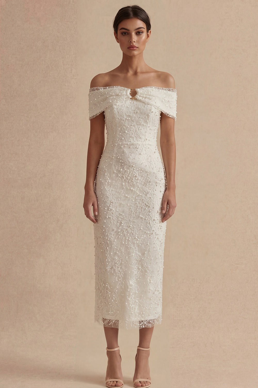White Off-the-Shoulder Bodycon Midi Graduation Dress with Pearls