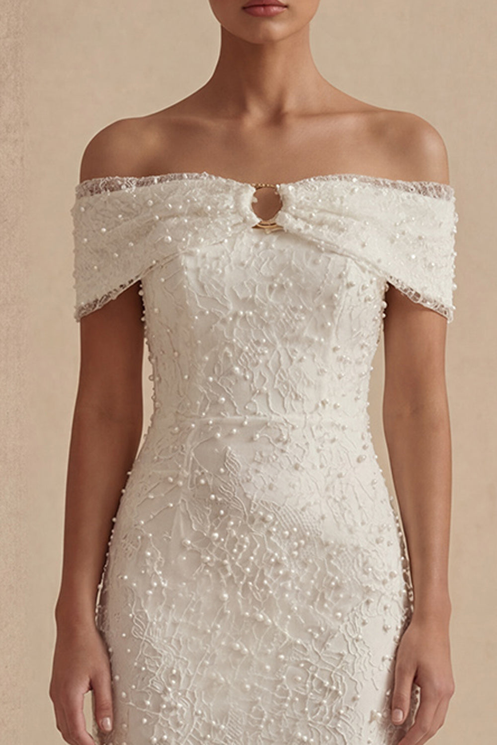 White Off-the-Shoulder Bodycon Midi Graduation Dress with Pearls