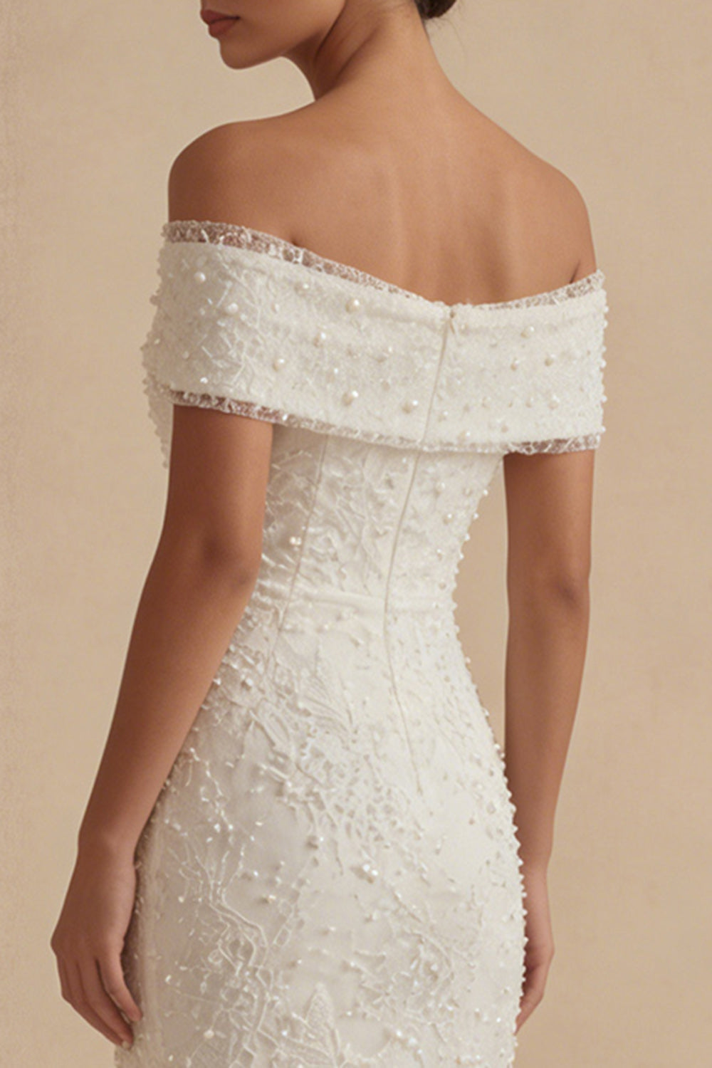 White Off-the-Shoulder Bodycon Midi Graduation Dress with Pearls