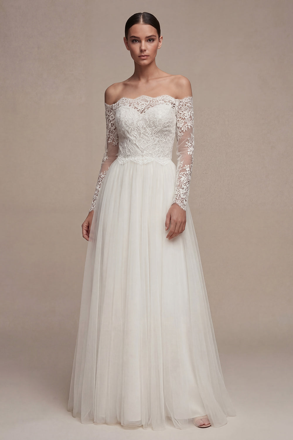 White Long Sleeves Floral A-Line Wedding Dress with Lace