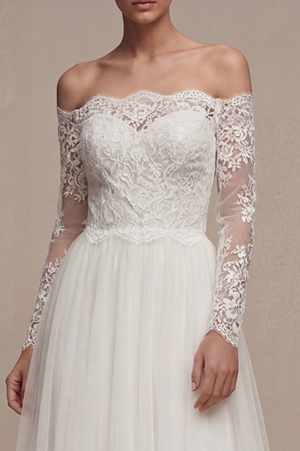 White Long Sleeves Floral A-Line Wedding Dress with Lace