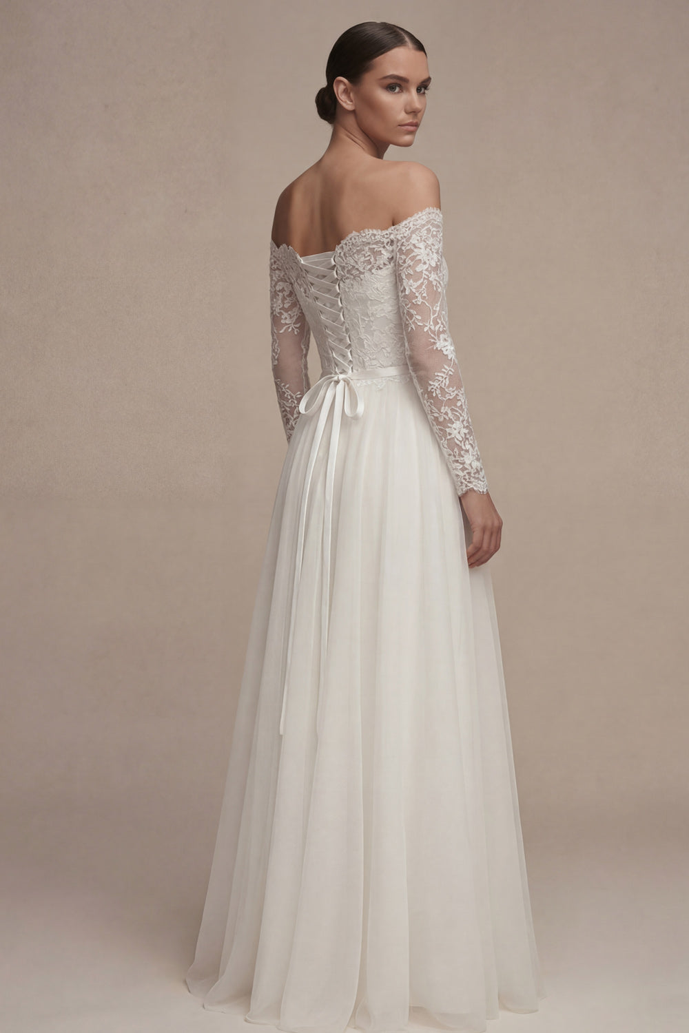 White Long Sleeves Floral A-Line Wedding Dress with Lace