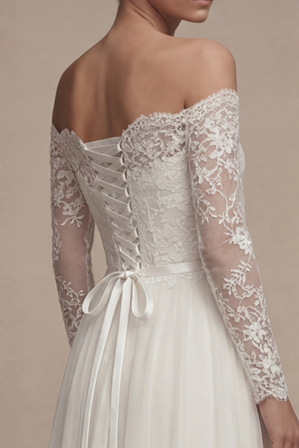 White Long Sleeves Floral A-Line Wedding Dress with Lace