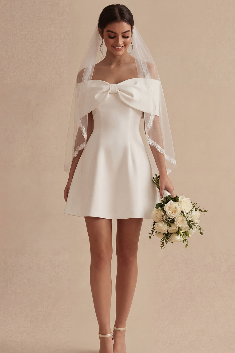 White Off the Shoulder Satin Short Graduation Dress with Bow